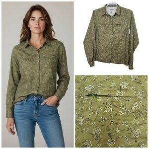 Magellan Green Floral Long Sleeve Button Up Outdoor‎ Shirt Womens Sz M